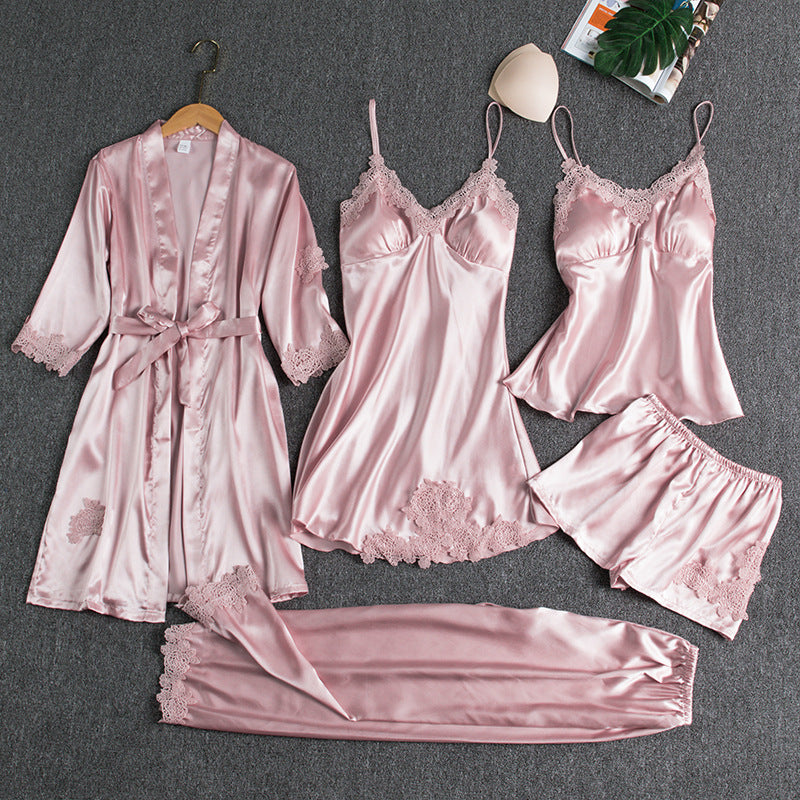 Womens Silk Loungewear V-Neck Five-Piece Pajama Set