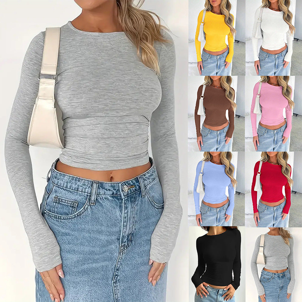 Women's Slim Fit Long Sleeve Solid Color Crewneck T-Shirt teemdrop