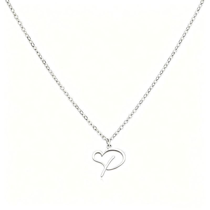 Stainless Steel Heart Initial Letter Pendant Necklace for Women