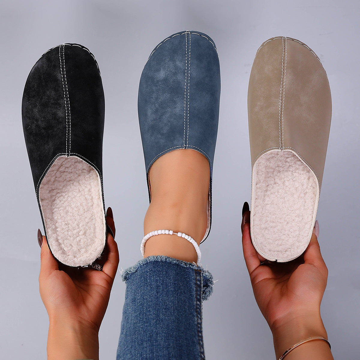 Women's Fleece-Lined Wedge Slippers Closed-Toe Warm Plush House Shoes teemdrop