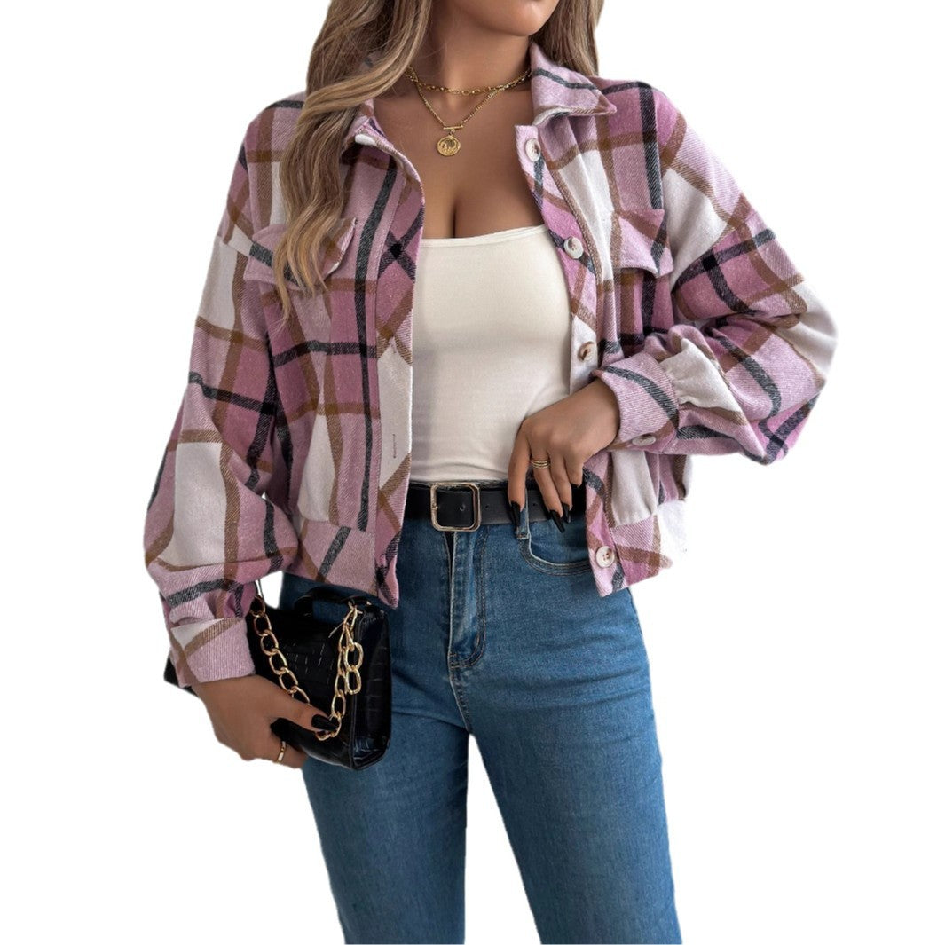 Women's Plaid Long Sleeve Lapel Woolen Jacket with Button Closure teemdrop