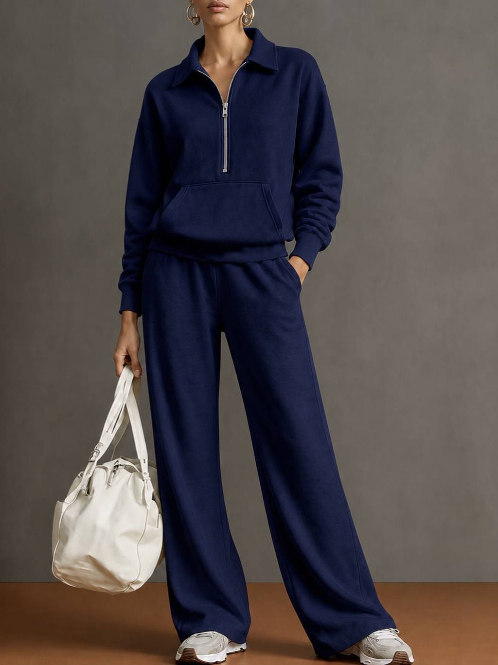 Women Two-Piece Half-Zip Sweatshirt and Wide-Leg Pants Set teemdrop