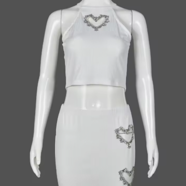 Women's Rhinestone Hollow-Out Ribbed Crop Top and Mini Skirt Two-Piece Set teemdrop