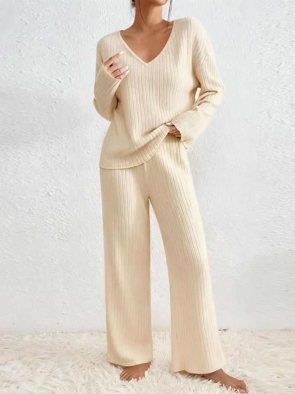 Women V-Neck Loose Ribbed Knit Long Sleeve Top Suit Set teemdrop
