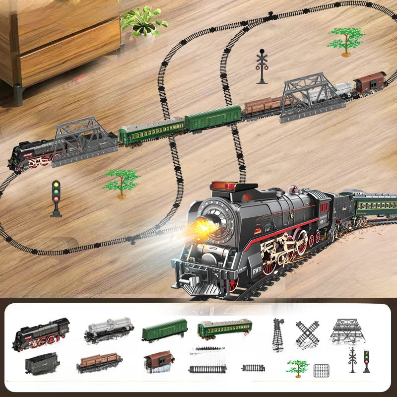 Retro Steam Train Toy Model with Remote Control Light Sound and DIY Track Set