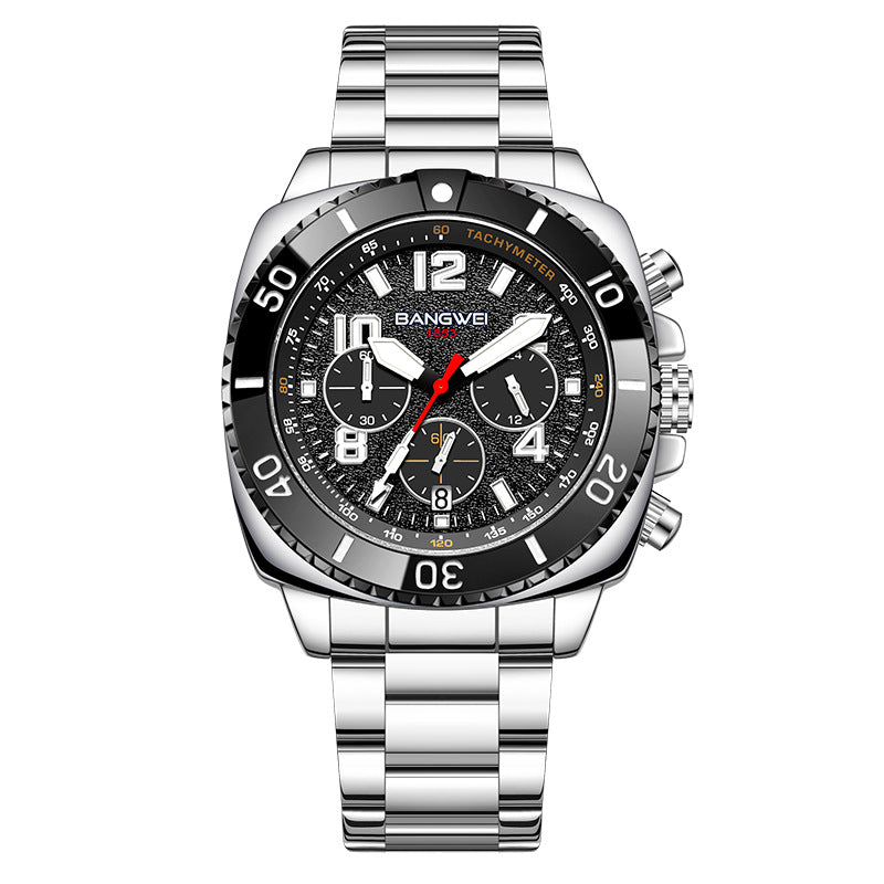 Men's Multifunction Chronograph Calendar Luminous Waterproof Stainless Steel Quartz Watch teemdrop