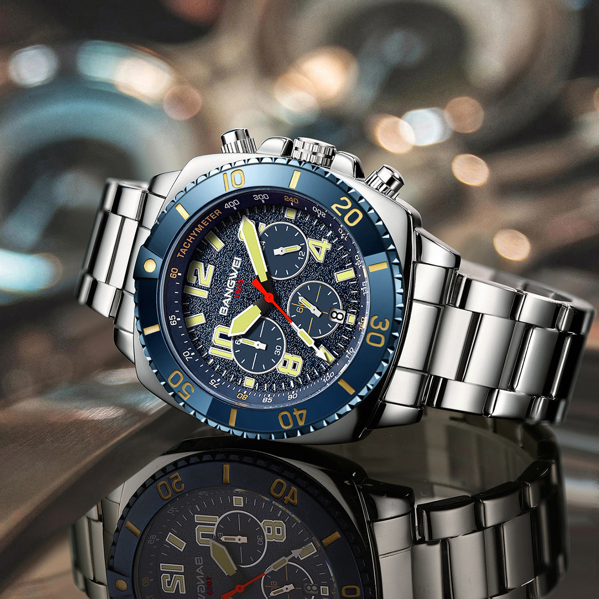 Men's Multifunction Chronograph Calendar Luminous Waterproof Stainless Steel Quartz Watch teemdrop