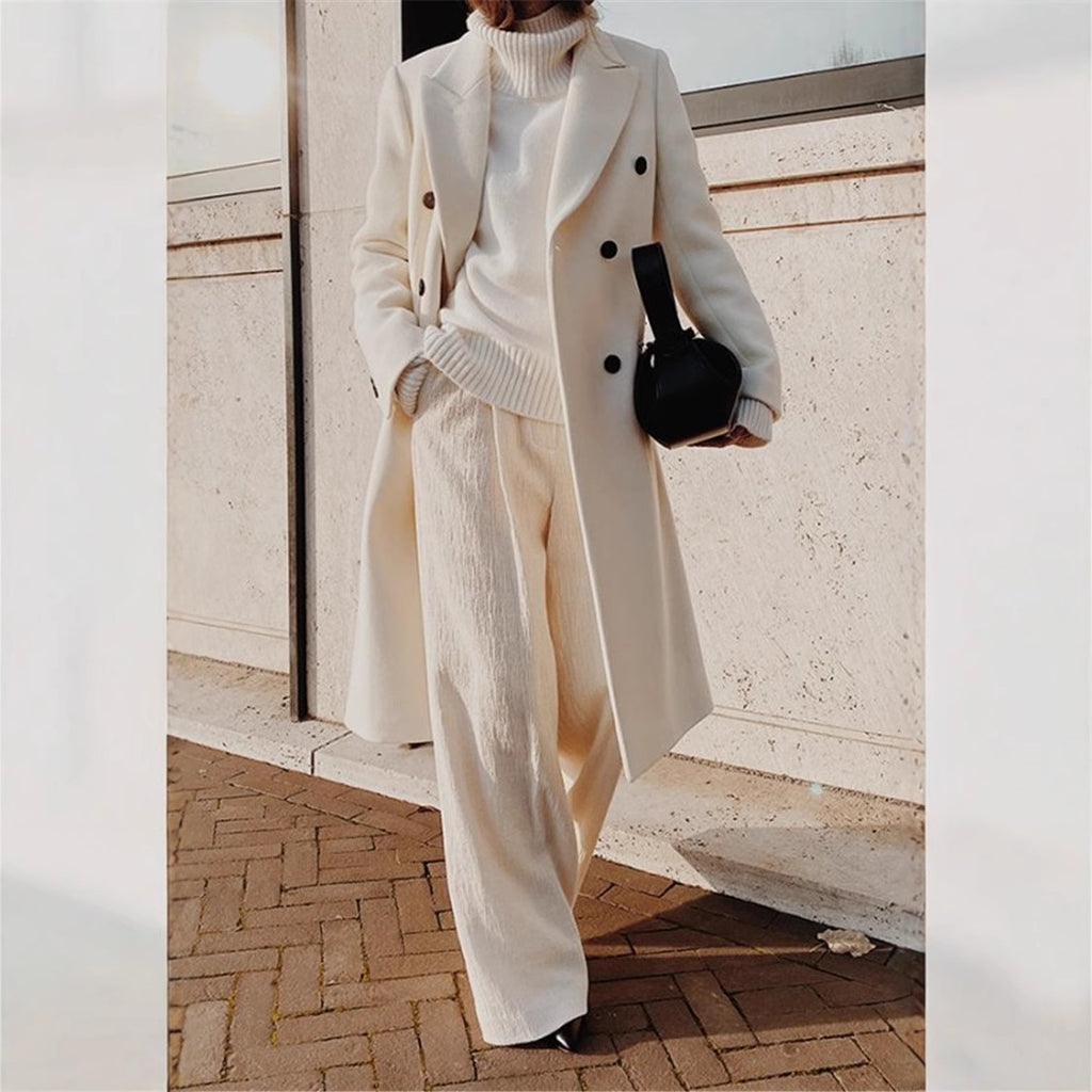 Women?s long-sleeved, solid-color, double-breasted, slim-fit coat with a lapel collar teemdrop