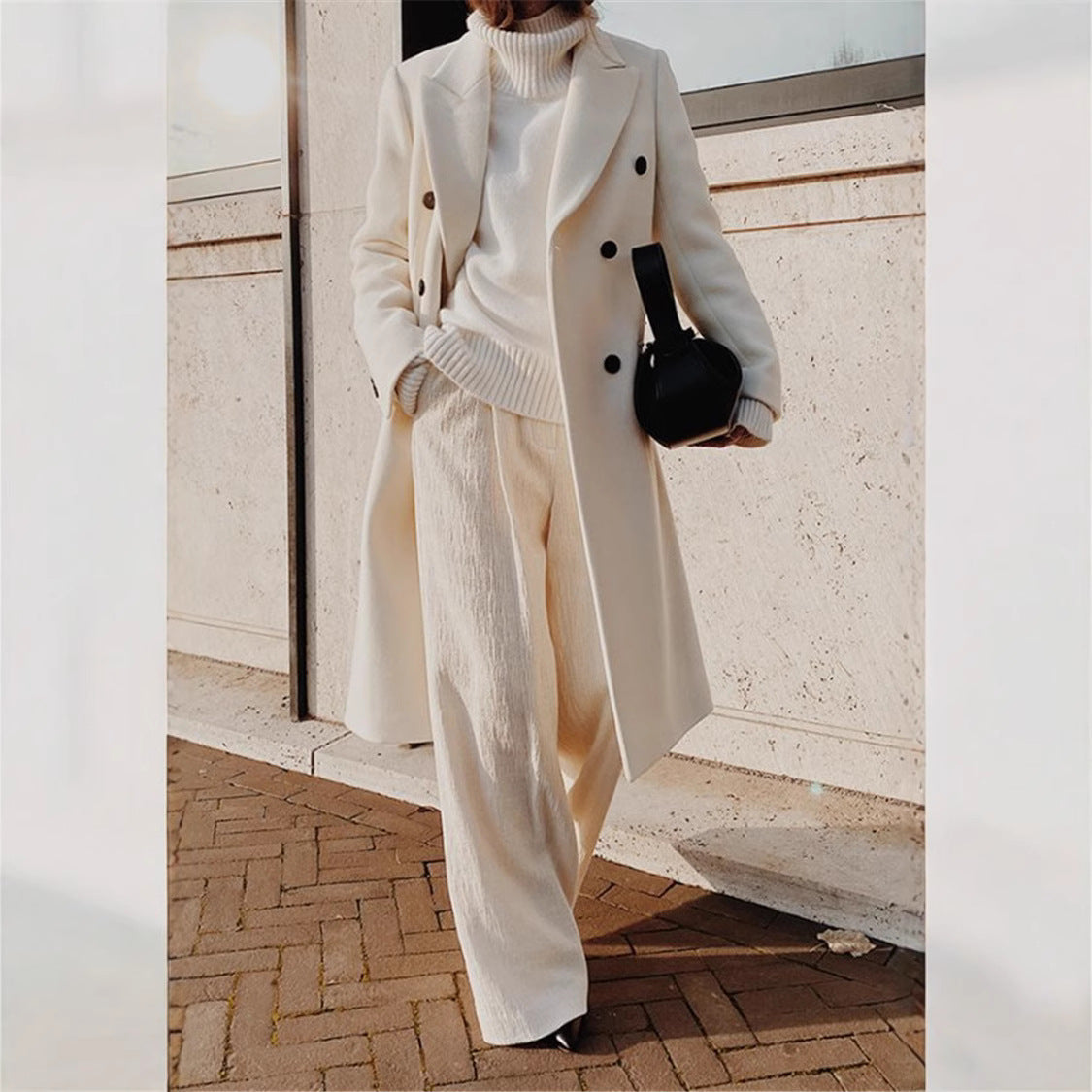 Women?s long-sleeved, solid-color, double-breasted, slim-fit coat with a lapel collar teemdrop