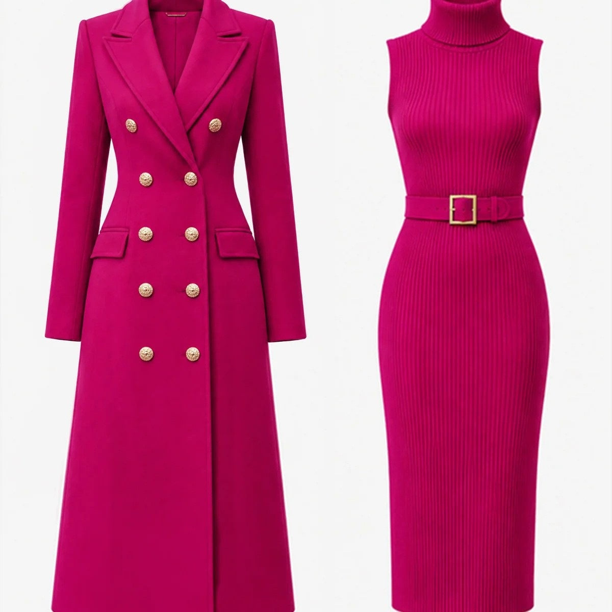 Women's Double-Breasted Woolen Coat and Knitted Dress Two-Piece Set teemdrop