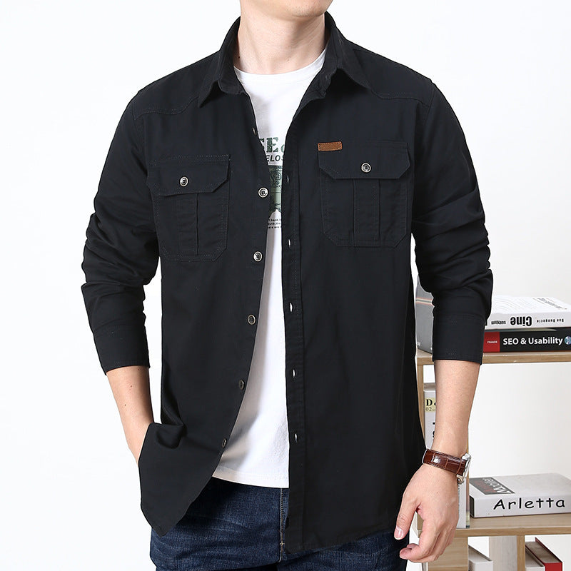 Men's Plus Size Solid Color Long Sleeve Work Shirt Loose Fit Casual Button-Down Shirt with Pocket teemdrop
