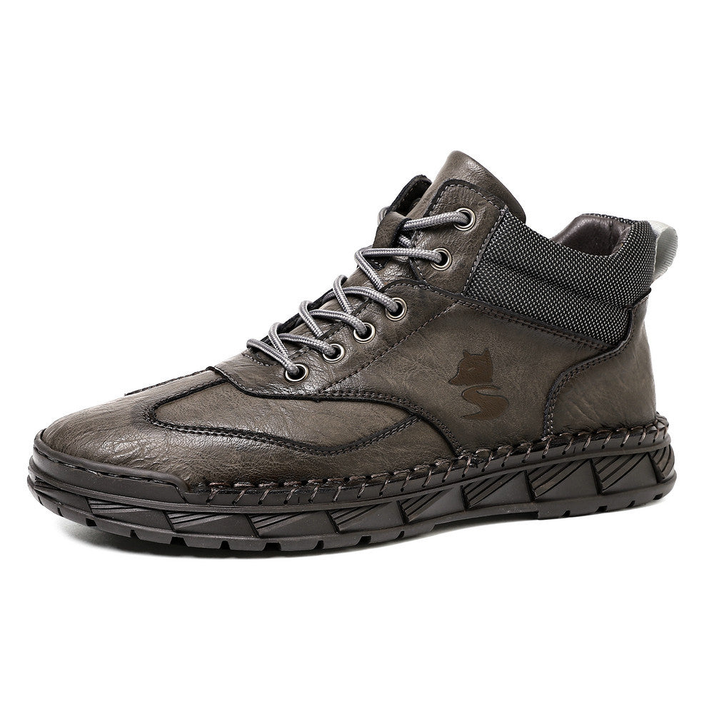 Mens Hand-Stitched PU Leather Lace-Up Flat Ankle Boots