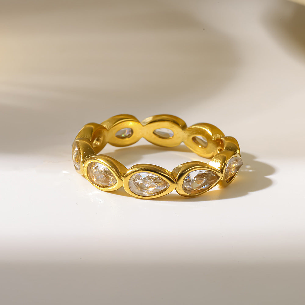 18K Gold Plated Stainless Steel Water Drop Zircon Ring for Women teemdrop