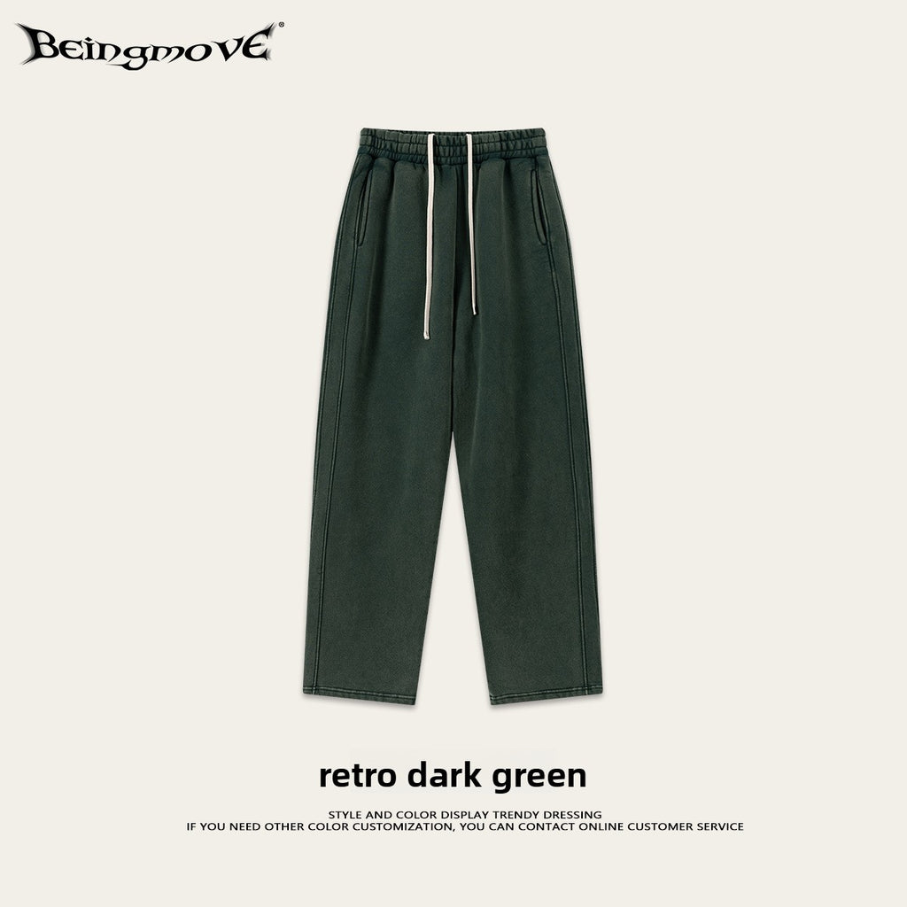 Retro Washed 400g Fleece Lined Curved Cut Straight Leg Sweatpants for Men teemdrop