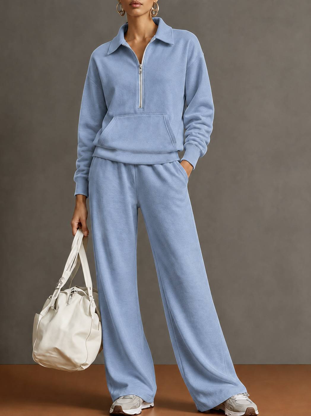 Women Two-Piece Half-Zip Sweatshirt and Wide-Leg Pants Set teemdrop