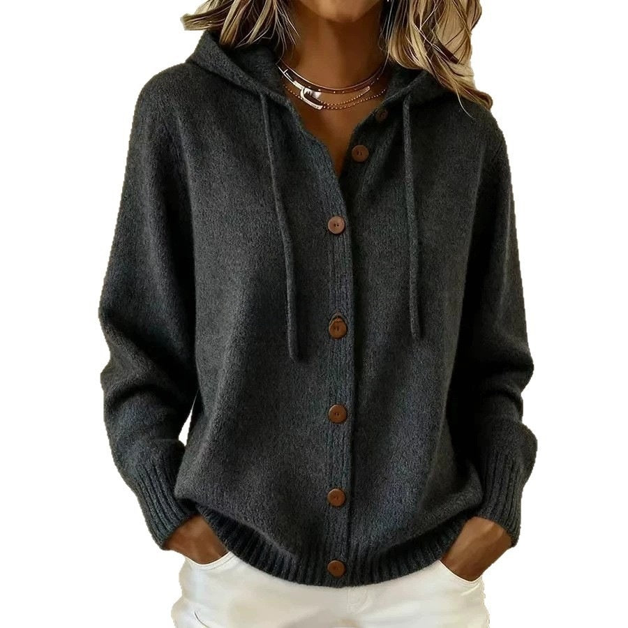 Women's Buttoned Hooded Faux Wool Solid Color Cardigan for Autumn and Winter teemdrop