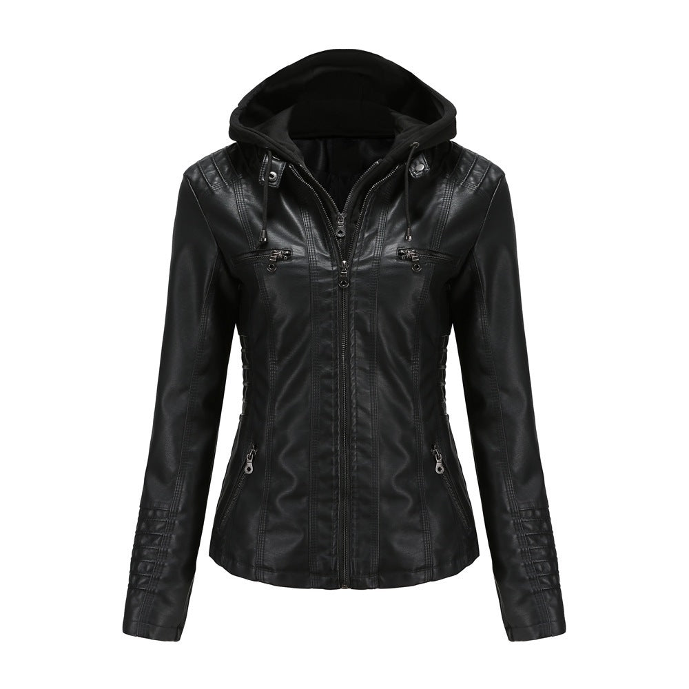 Womens Hooded PU Leather Jacket Two-Piece Set