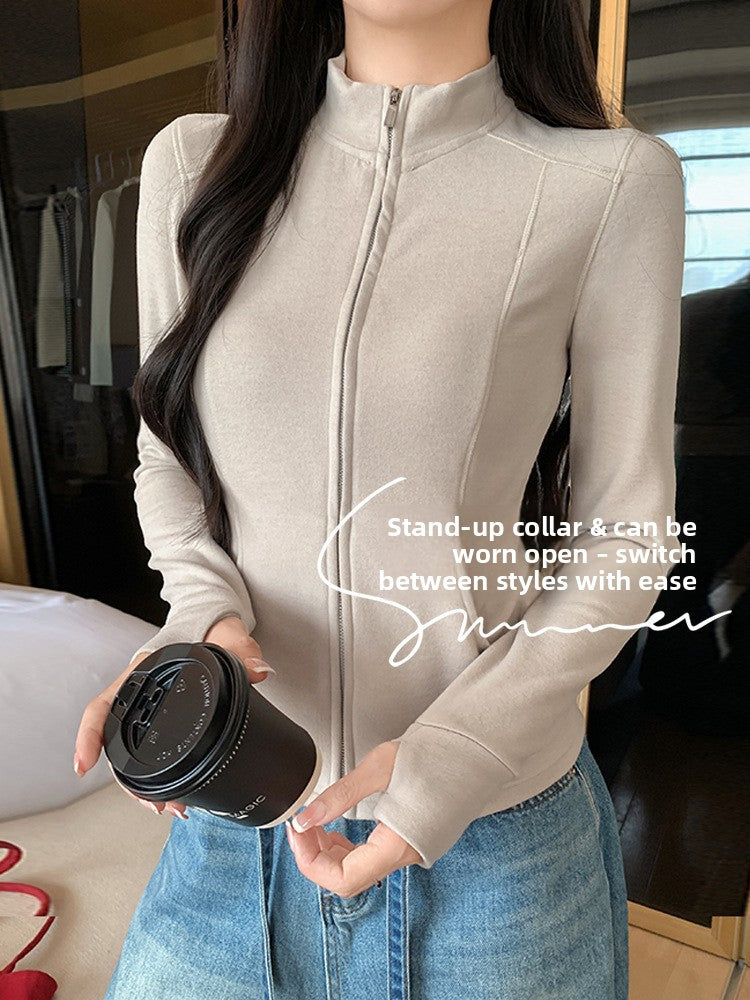 Women Stand Collar Zip Front Jacket Slim Fit Long Sleeve Wool Blend Top teemdrop