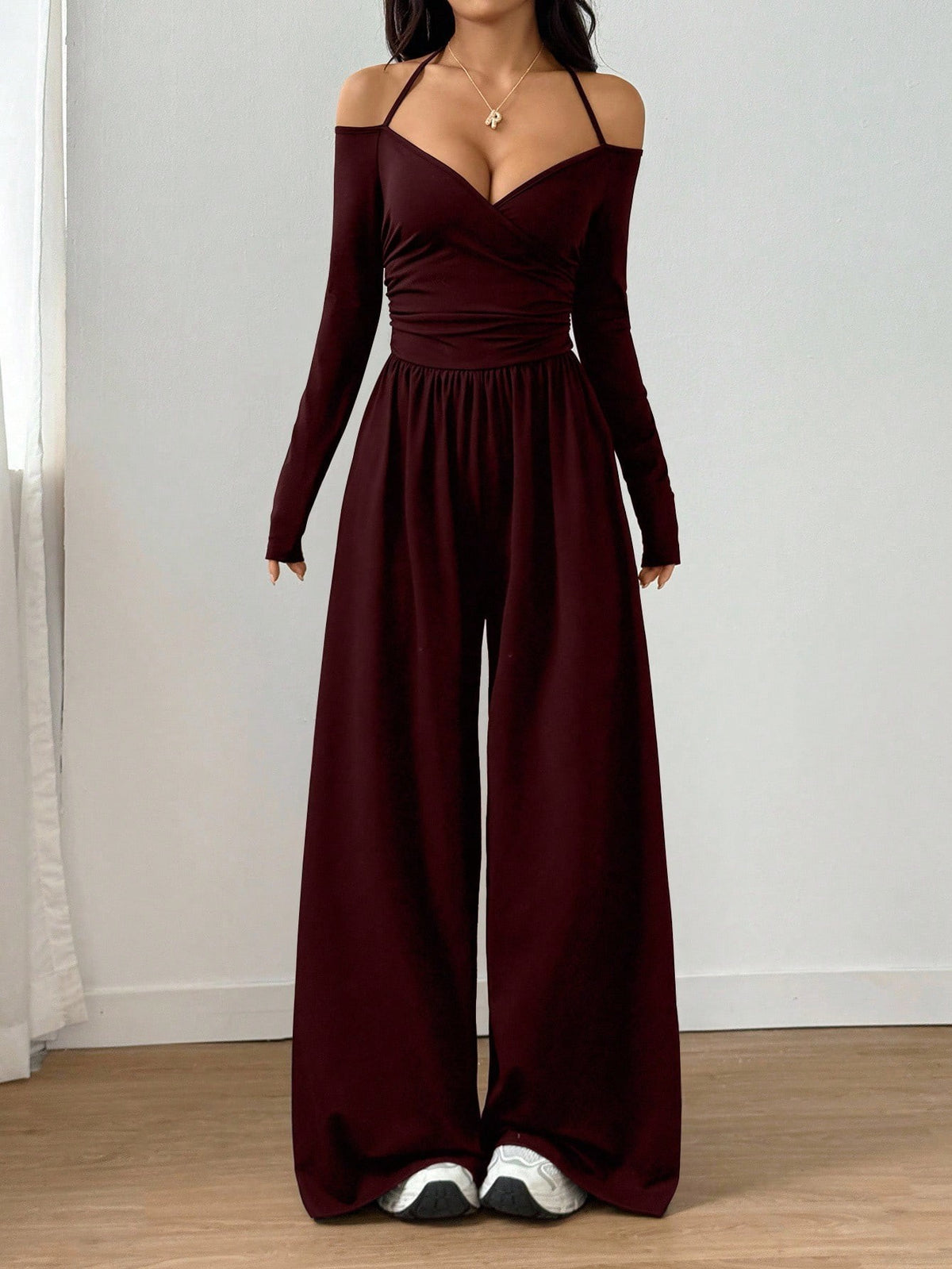 Women's Halter V-Neck Long Sleeve Wide Leg Jumpsuit