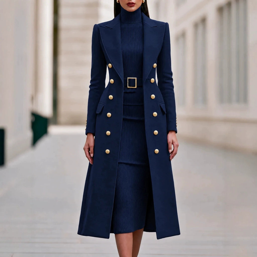 Women's Double-Breasted Woolen Coat and Knitted Dress Two-Piece Set teemdrop