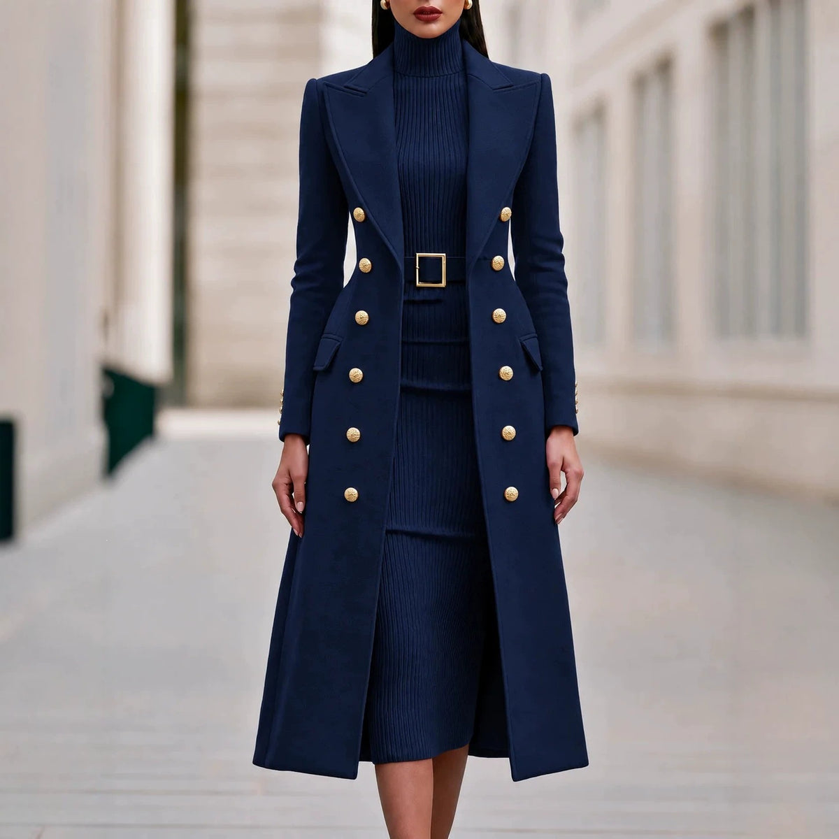 Women's Double-Breasted Woolen Coat and Knitted Dress Two-Piece Set teemdrop