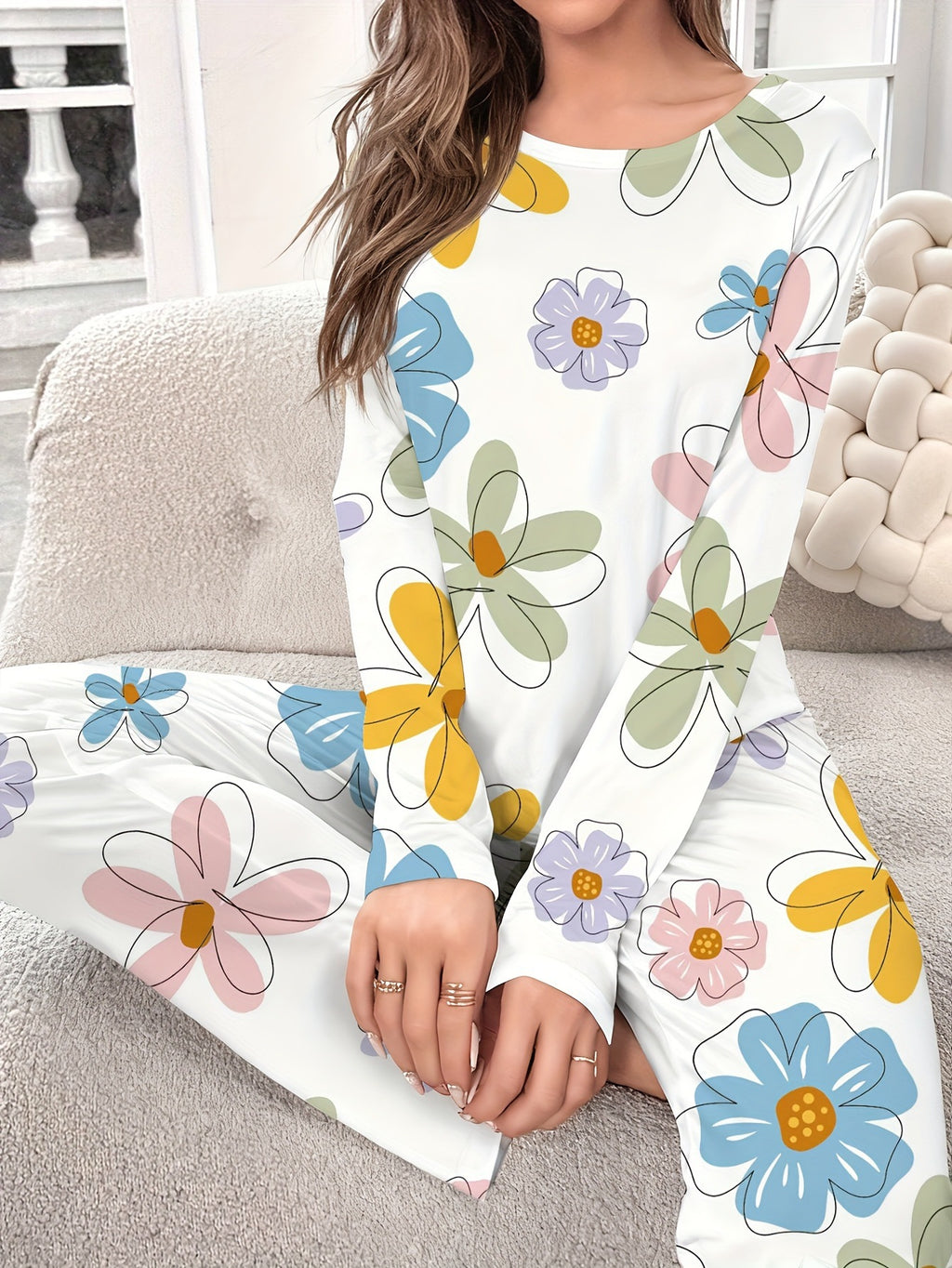 Womens Cartoon Print Pajama Set Long Sleeve Lounge Wear