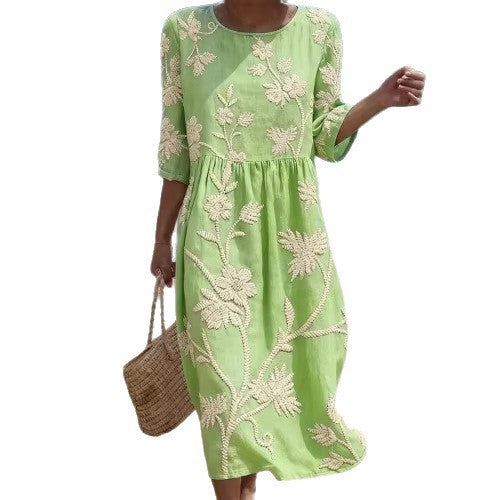 Women's floral print long-sleeved round-neck dress teemdrop