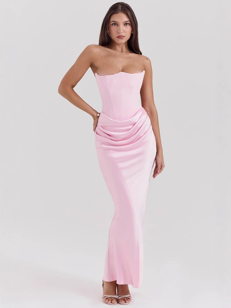 Women's Satin Off-Shoulder Pleated Long Bodycon Dress teemdrop