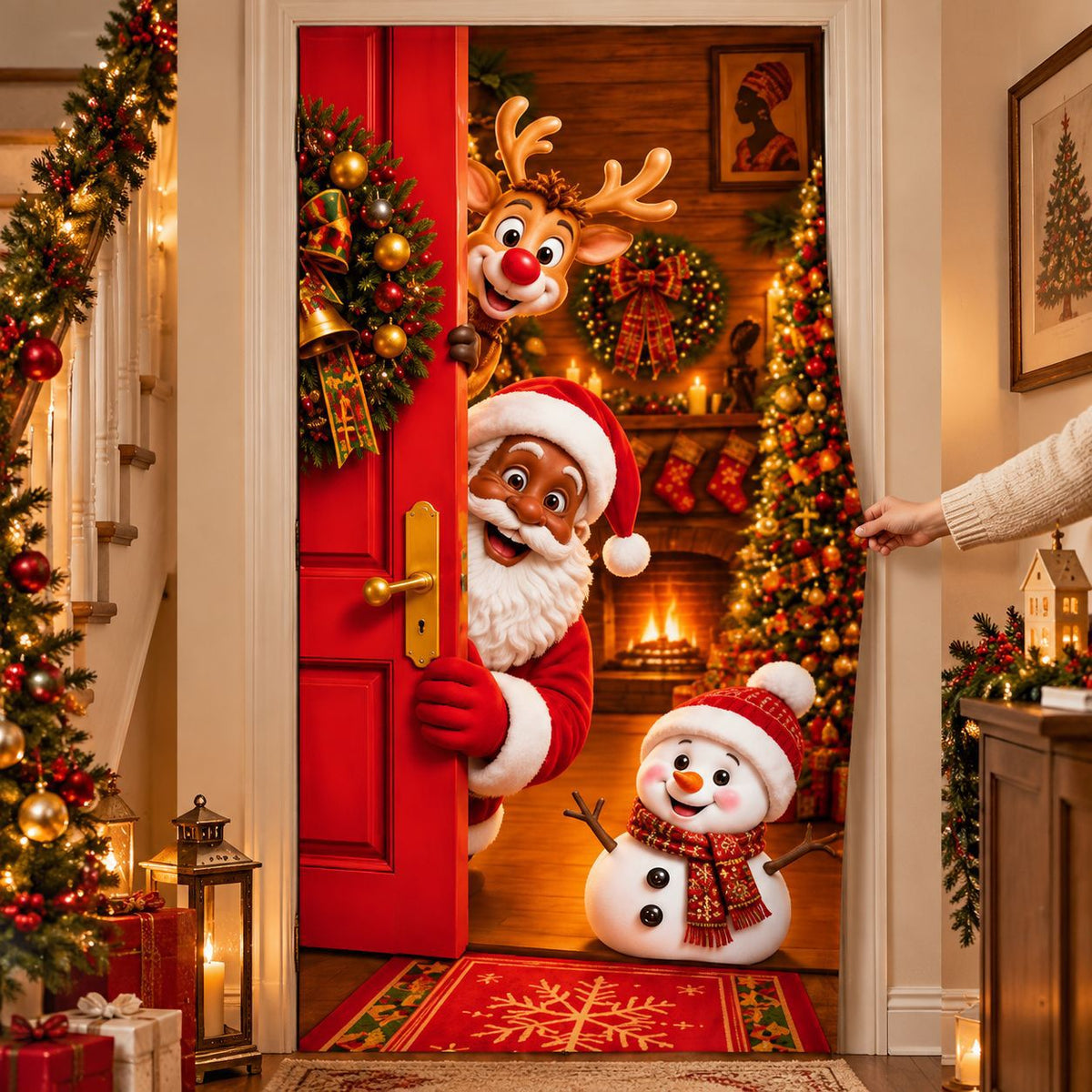 Milk Silk Christmas Door Banner Reindeer Santa Claus Design Festive Party Decoration Hanging Cloth for Home Living Room Bedroom teemdrop