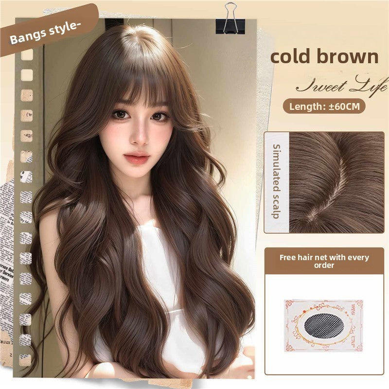 Women's Long Wavy Curly Full Head Wig Seamless Front with Bangs teemdrop