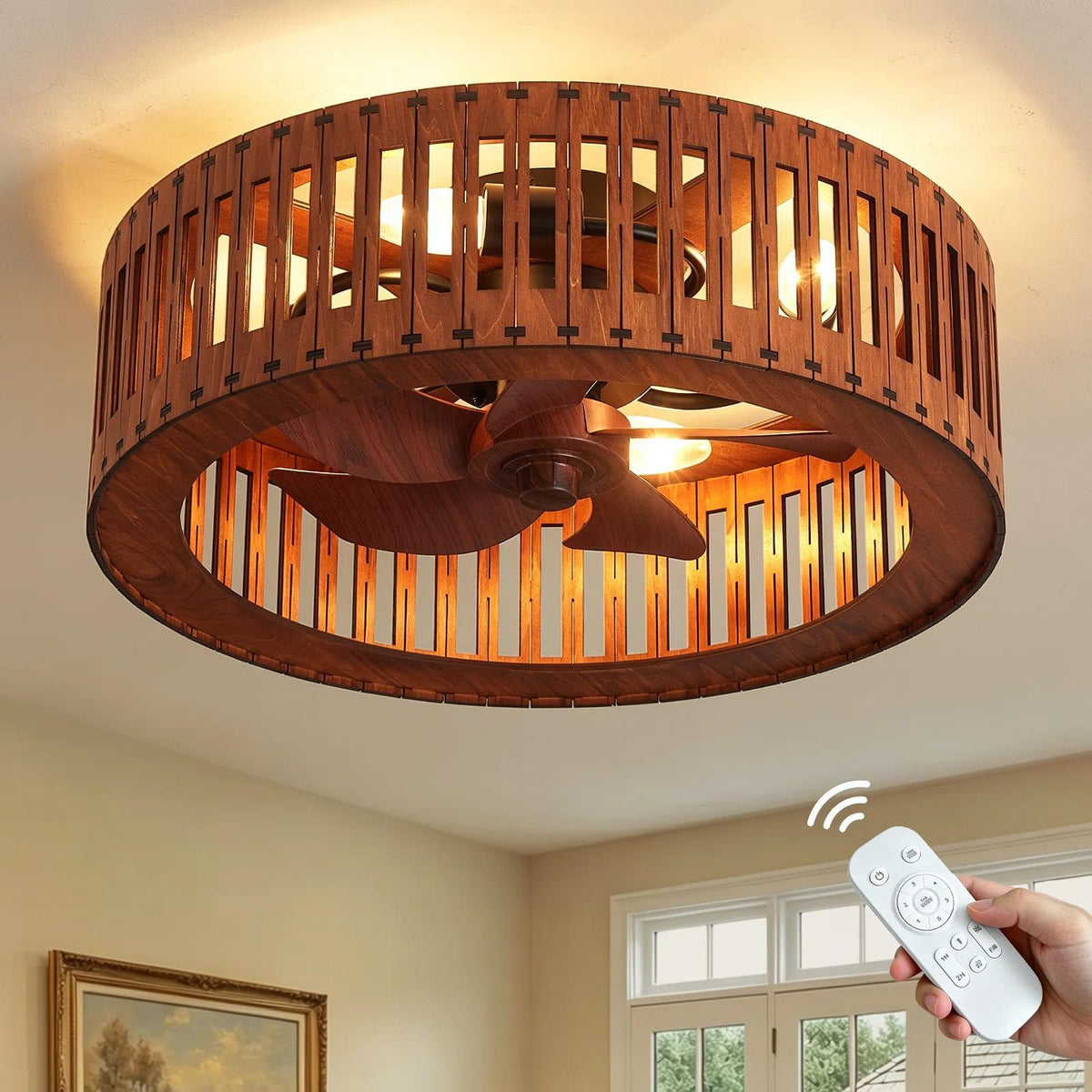 Wabi-Sabi Wooden Fan Chandelier Vintage Ceiling Lamp with Remote Control teemdrop