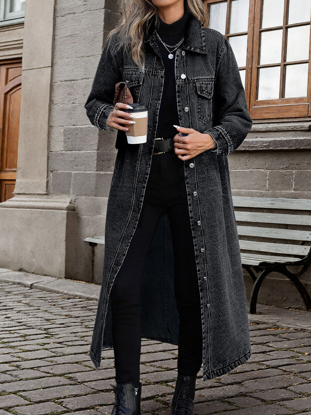 Women Elegant Slim-Fit Long Denim Jacket teemdrop
