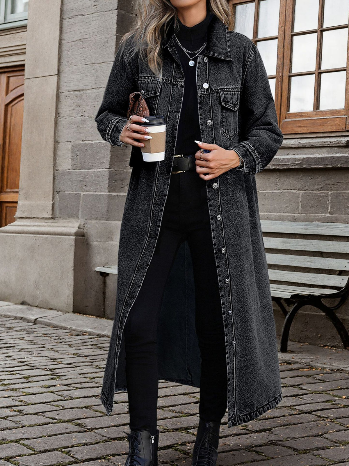 Women Elegant Slim-Fit Long Denim Jacket teemdrop