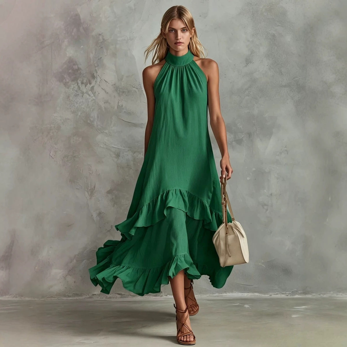Women's Sleeveless Halter Ruffle Hem Mid-Length Summer Dress teemdrop
