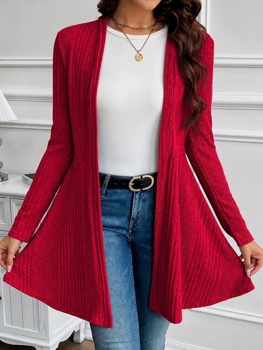 Women's Soft Brushed Ribbed Long Sleeve Open Cardigan
