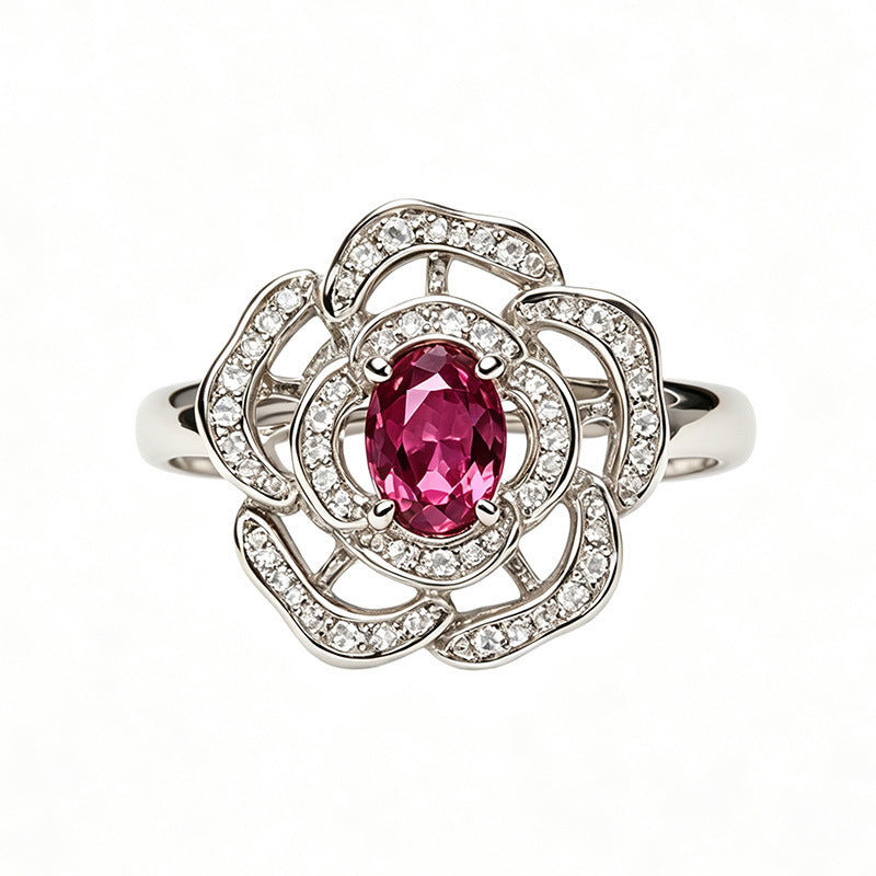 Silver Natural Birthstone Flower Vintage Adjustable Ring
