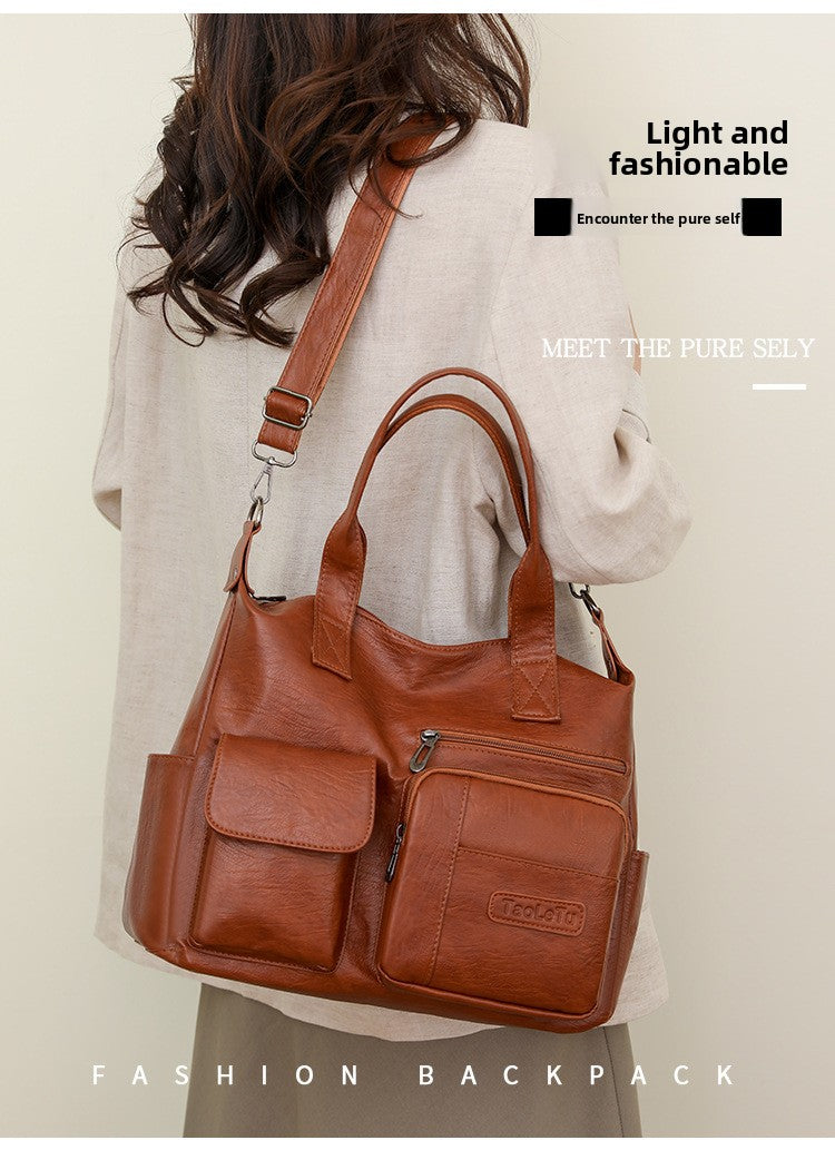 Vintage PU Leather Tote Bag Soft Retro Simple Shoulder Handbag for Women Daily Commuter teemdrop
