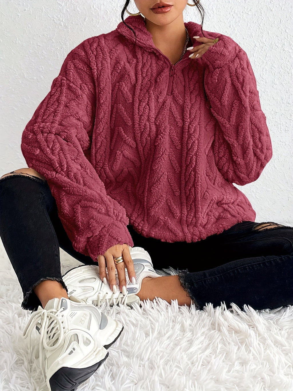 Women's Double-Sided Plush Flower Casual Zipper Pullover Top teemdrop