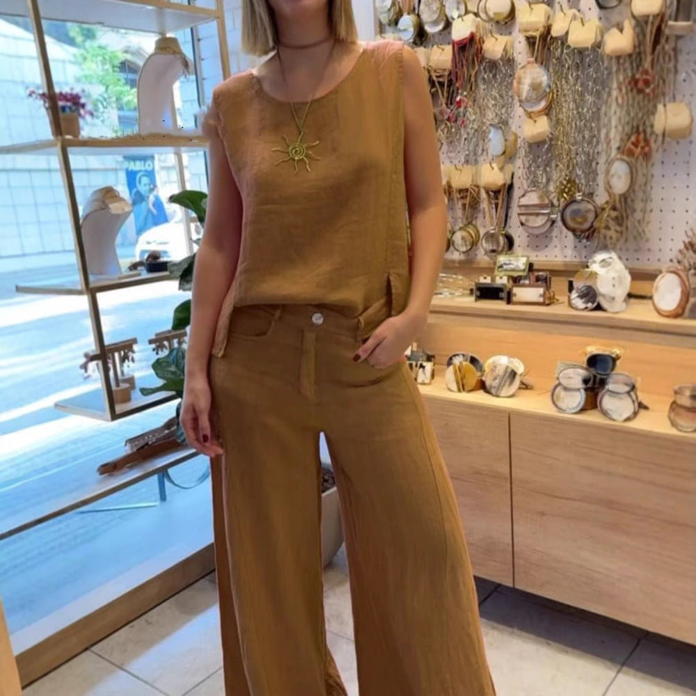 Women's Summer Cotton Linen Solid Color Sleeveless Two-Piece Pantsuit Set teemdrop