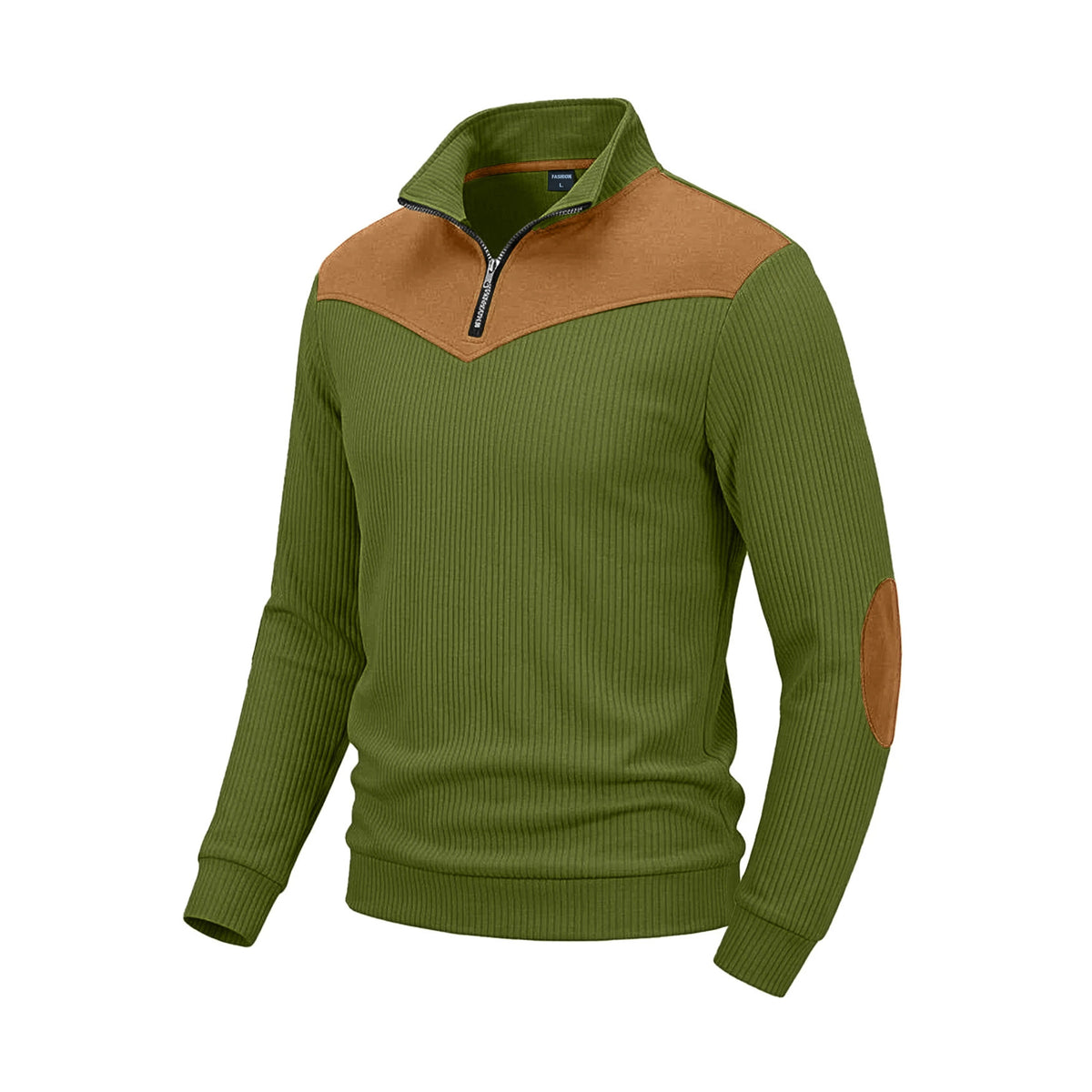Men's Clothing Vertical Ribbed Half-Zip Stand Collar Sweatshirt with Suede Patchwork Retro Long-Sleeve teemdrop