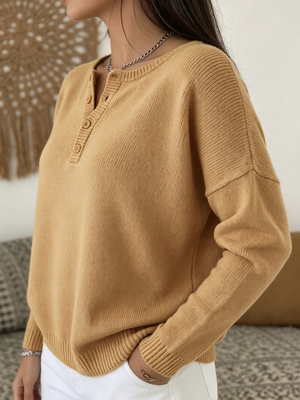 Women's Long Sleeve V-Neck Knit Sweater teemdrop