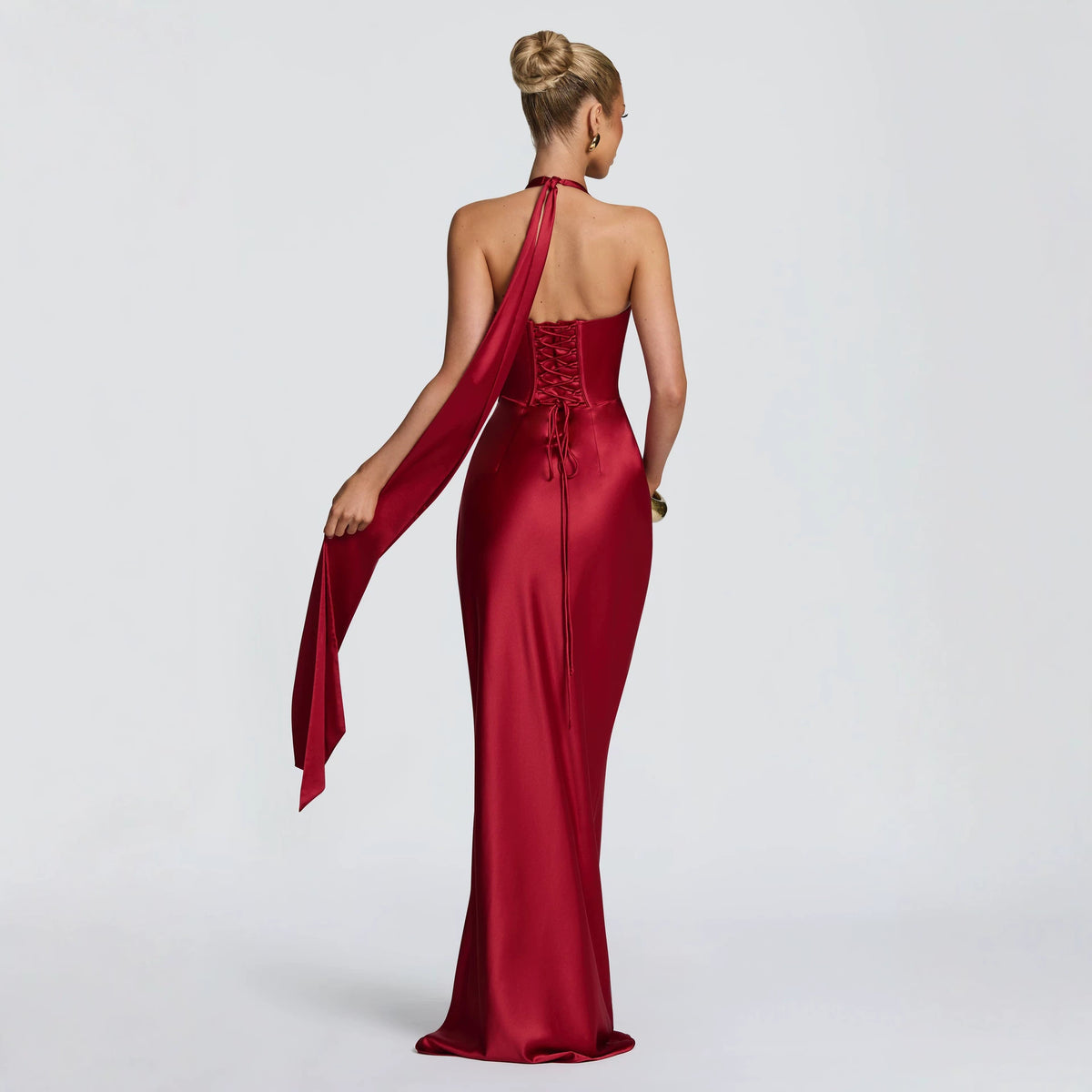 Women's Halter Satin Fishtail Dress Deep V-Neck Backless Tie-Back Long Party Dress teemdrop