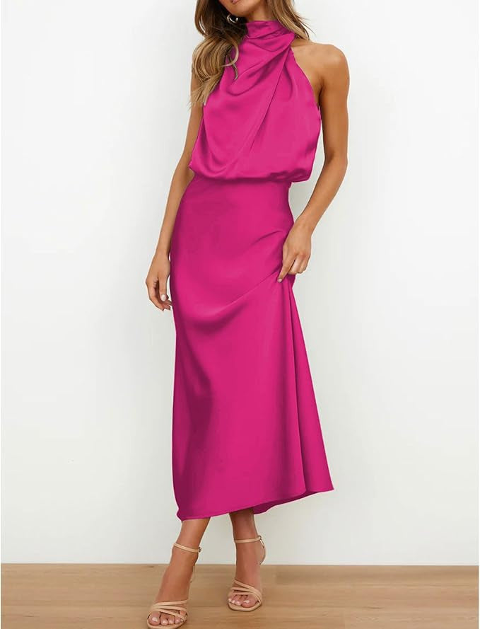 Womens High-End Satin Sleeveless Pleated Midi Dress Mock Neck Evening Gown teemdrop