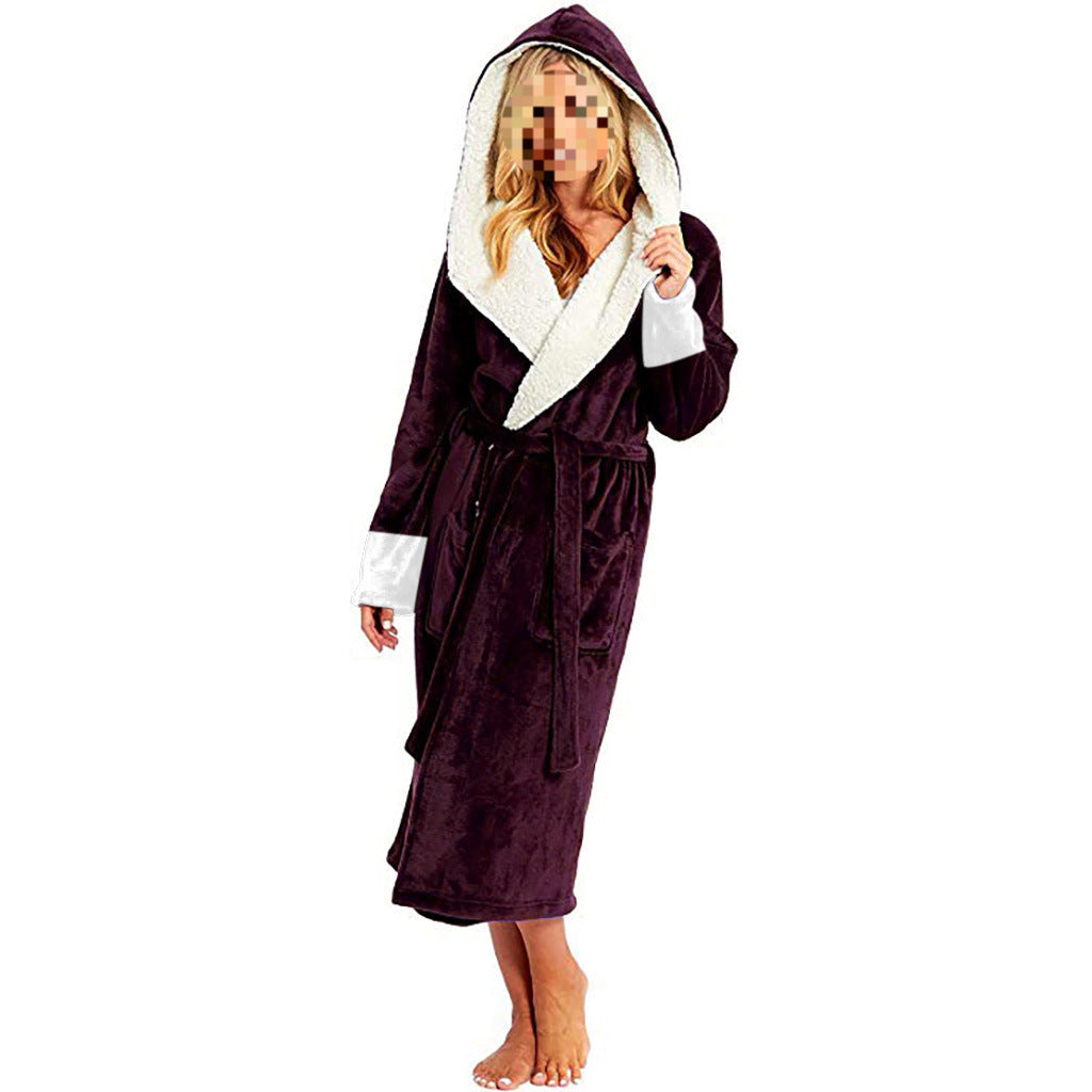 Women's Long Silver Fox Velvet Bathrobe with Belt Thick Winter Home Lounge Robe teemdrop