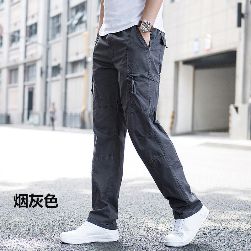 Men Pure Cotton Loose Fit Multi-Pocket Cargo Pants Breathable Straight Leg Casual Trousers teemdrop