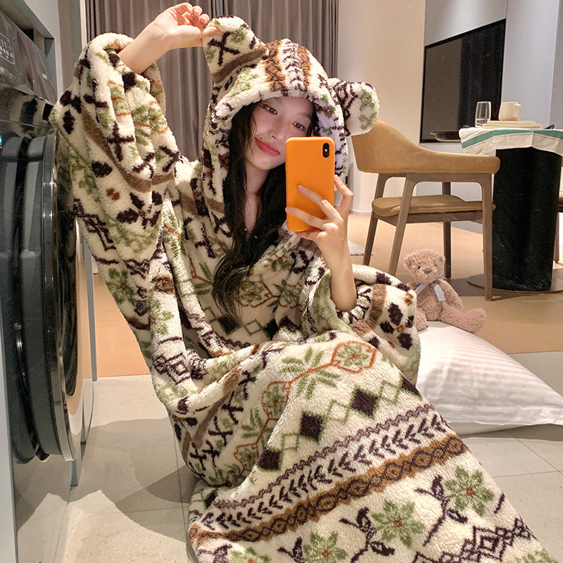 Women's Thickened Coral Fleece Hooded Nightgown Oversized Winter Warm Robe teemdrop