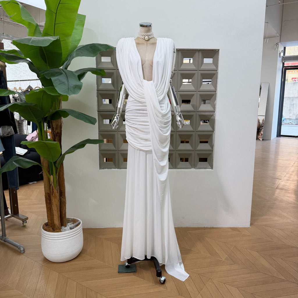 Deep V-Neck Waist-Exposing Floor-Length Gown Mesh Stitching Solid Color Dress teemdrop
