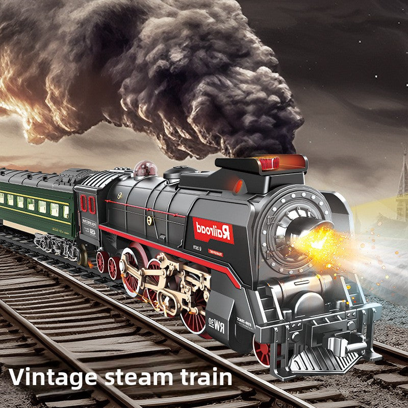 Retro Steam Train Toy Model with Remote Control Light Sound and DIY Track Set