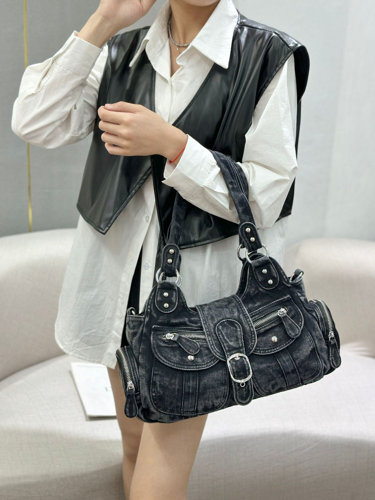Vintage Washed Denim Underarm Crossbody Bag Large Capacity Tote teemdrop