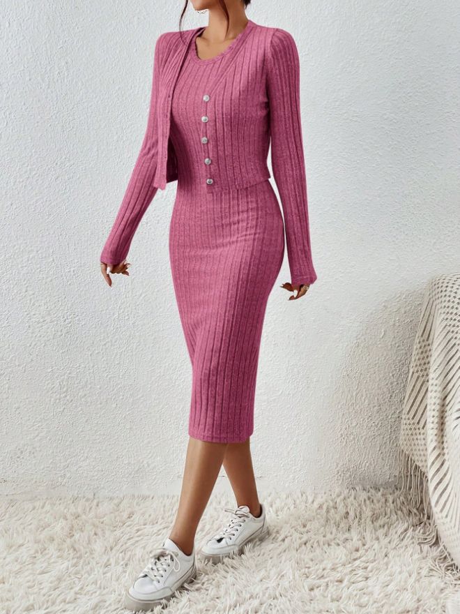 Women's French Style Knitted Dress and Coat Set